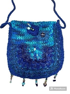 Handmade Blue Crochet Crossbody Bag with Bead Fringe